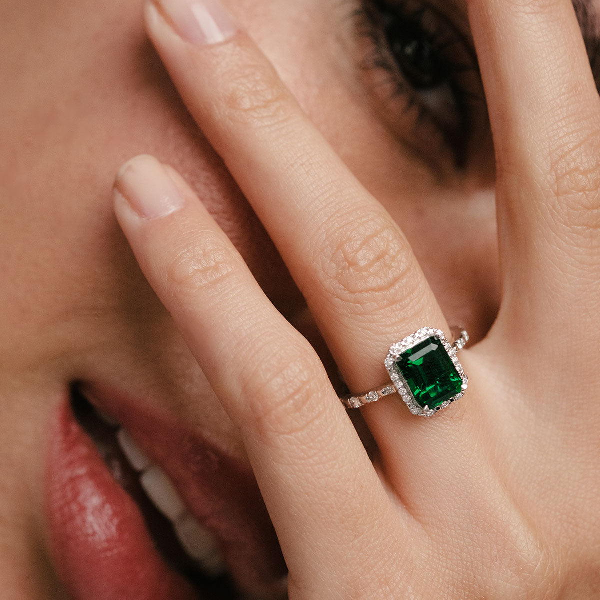 Astra 1.50ct Lab Emerald and Diamond Halo Shoulder Set Octagon Cut Ring in Silver